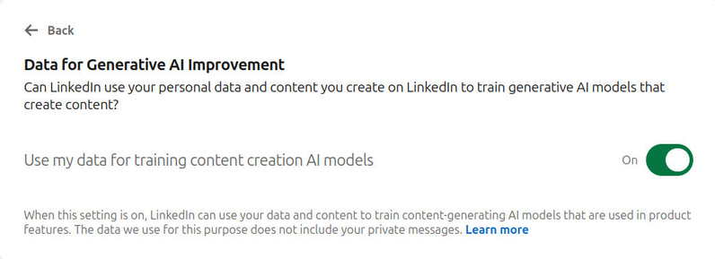 A screenshot from LinkedIn's newly introduced "use my data for AI training" settings, enabled by default.