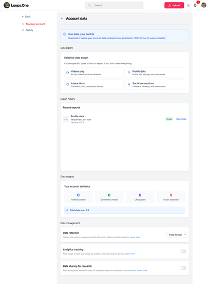 Loops Account Data Settings page