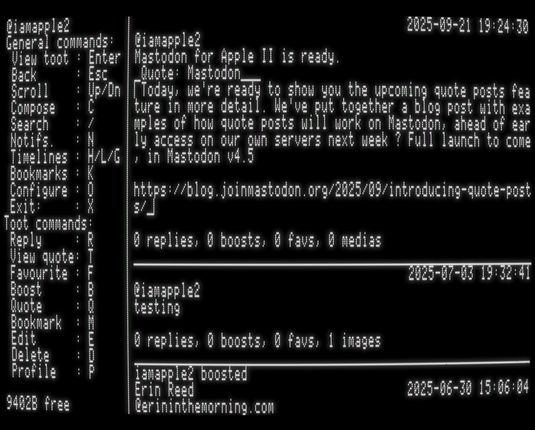 How a toot with a quote looks on the Apple II. Underneath the toot's text, is the quoted toot in an ASCII format:
 _Quote: {author} ___
| Quoted text