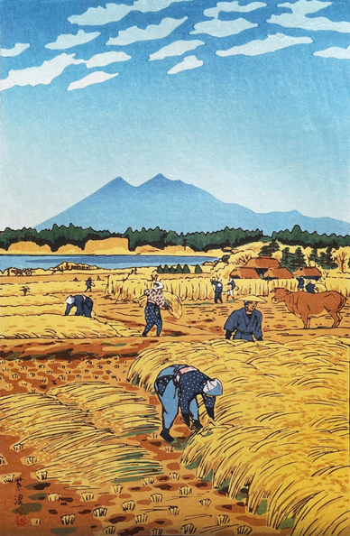 A bright autumn day on a farm somewhere in rural Japan. In the foreground, the rice paddies have been drained, and workers cut down golden sheaves of rice. On our right, a cow pauses by a cleared paddy, observing the humans' progress. Beyond, a cluster of traditional thatched-roof buildings stands next to a small lake; further on, a line of evergreens underscores the hazy shapes of mountains in the distance. Above, a few puffy while clouds cross a bright blue sky.