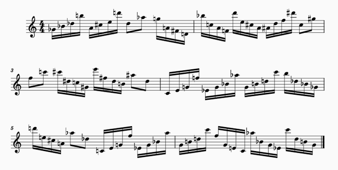 A few measures of whole-tone arpeggiations, based on a random chord progression of extended chords.