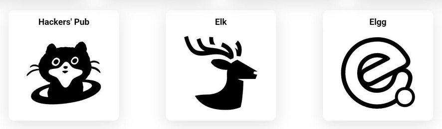 The icons for Hackers' Pub, Elk and Elgg on a white background 