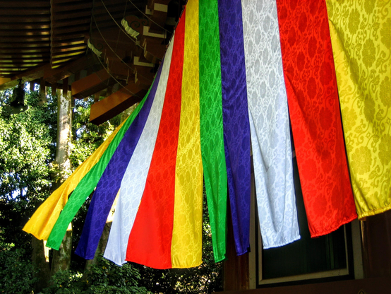 The Buddhist colours flying at Chishaku-in.