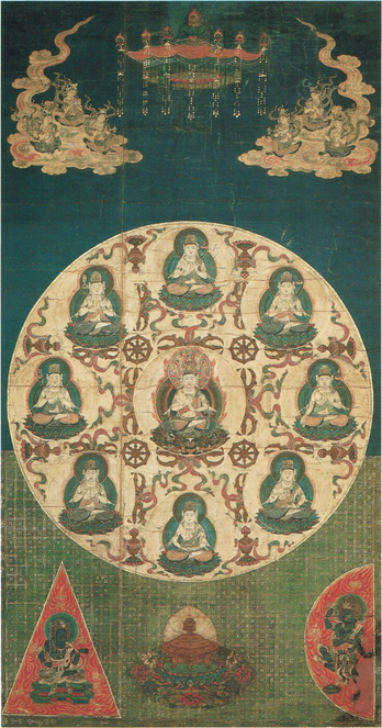 A copy of the Sonshō #Mandara, a #mandala deployed in rituals praying for prosperity, longevity, rain, and/or the purification of sins, with the #cosmic #buddha #Dainichi #Nyorai (大日如来) in the center surrounded by emanating #buddhas & #bodhisattvas as well as #FudōMyōō to the lower left and #GōsanzeMyōō to the lower right. Kamakura period (1185-1333) at Hōjū-in (宝寿院) on Mount Kōya in Wakayama Prefecture, #Japan.
#BuddhistArt #Buddhism