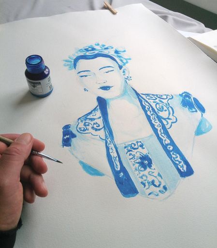 picture of an inkdrawing in blue of a asian-ish woman with ornaments and clothing etc.