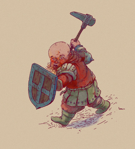 Illustration of a dwarf, wearing armor, attacking with shield and axe