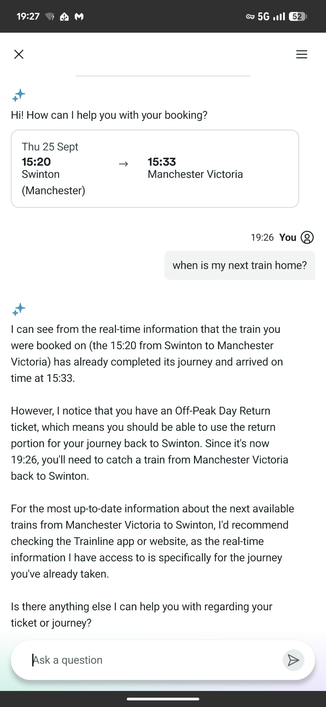 Chat with Trainline ai being fucking useless