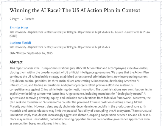 SSRN page for Winning the AI Race? The US AI Action Plan in Context
