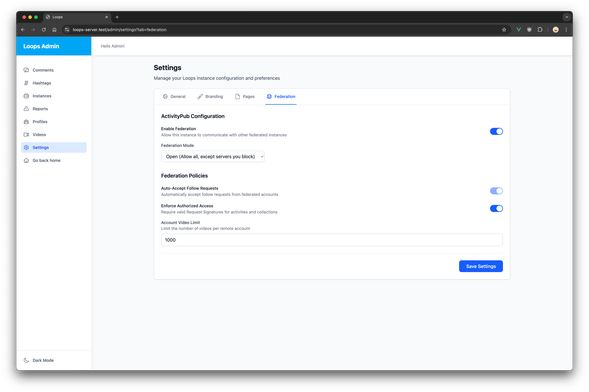 Loops Admin Dashboard Federation Settings