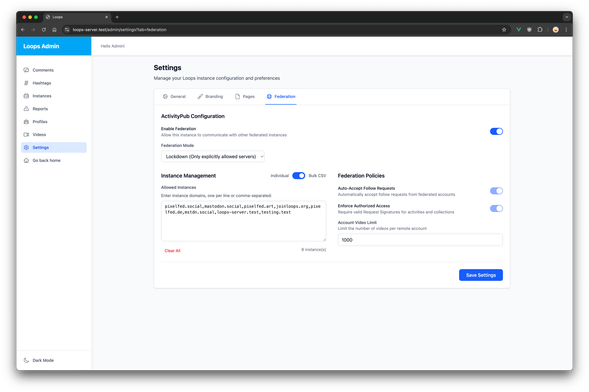 Loops Admin Dashboard Federation Settings