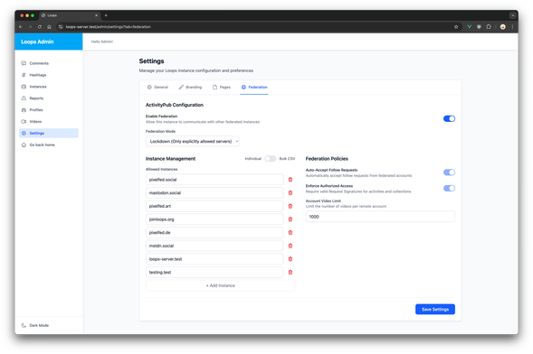 Loops Admin Dashboard Federation Settings