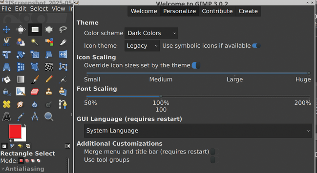 Gimp 3 Welcome dialog box with large color icons