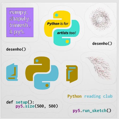 A sheet of stickers: "Python is for artists too" and a few others.