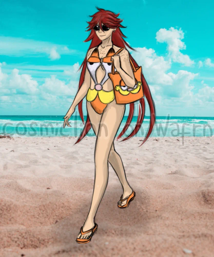 Digital colored and shaded illustration of Grell Sutcliff from Black Butler. She is wearing a swimsuit with Garfield's face, sunglasses and orange flip flops. She is carrying a tote bag with Garfield's face. She is walking on the sand. The background is a stock photo of a beach on a sunny say.