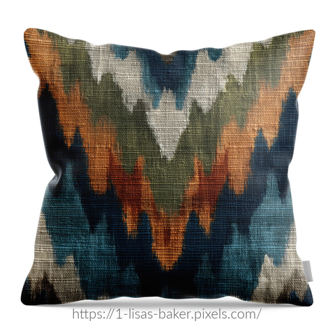 Earthen Threads IV / Pattern Art by Lisa S Baker, A vibrant zigzag design showcases bold hues in a repeating pattern. The mix of orange, blue, and green creates a dynamic visual impact