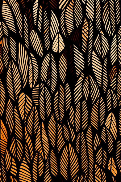 The image features a pattern of stylized leaves on a black background. The leaves are depicted in various shades of orange, with intricate line work that outlines their veins and edges. The leaves are arranged in a dense, overlapping pattern, creating a sense of depth and texture. The overall effect is a harmonious blend of warm colors against the dark backdrop, with the leaves appearing to float and intermingle.