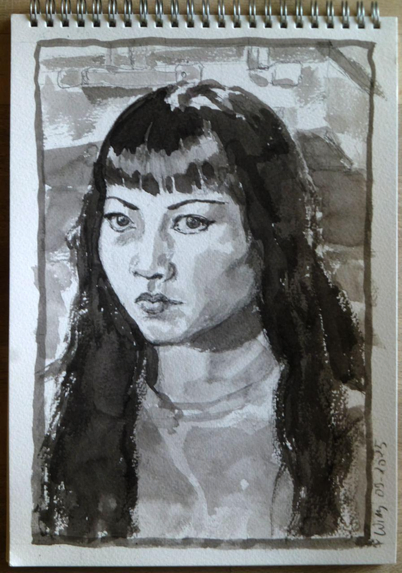A portrait drawing of a young Chinese woman with long dark hair, somewhat wavy lower down. Her face is turned  slightly to the right but she is looking at the viewer with a watchful expression. She has  large almond-shaped eyes and the narrow arched eyebrows that were fashionable in the 1930s. Her hair covers her forehead down to her eyebrows. She has a long small nose and her small mouth is closed. 