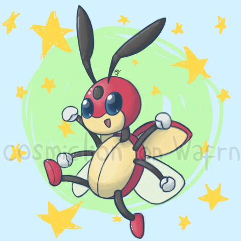 Digital fully rendered illustration of Ledian from Pokémon. It is jumping happily in the air. The background is very light blue, with a messy light green circle in the middle and yellow five pointed stars all around.