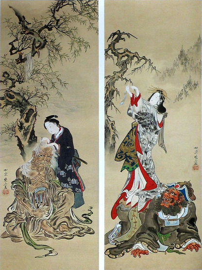 Woodblock print of the hell hag 'Datsue-ba' and king of hell 'Enma'. Behind Datsue-ba it is possible to see clothes hanging from the tree (she would strip the dead of their clothes).

Image thanks - https://ja.ukiyo-e.org and https://bunkakanko-annai.city.shinjuku.lg.jp
