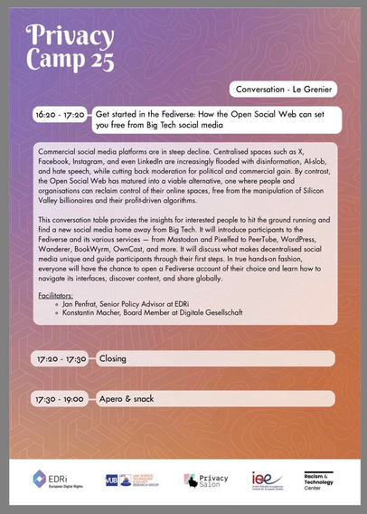 Screenshot of the workshop Programm on the Fediverse at PrivacyCamp