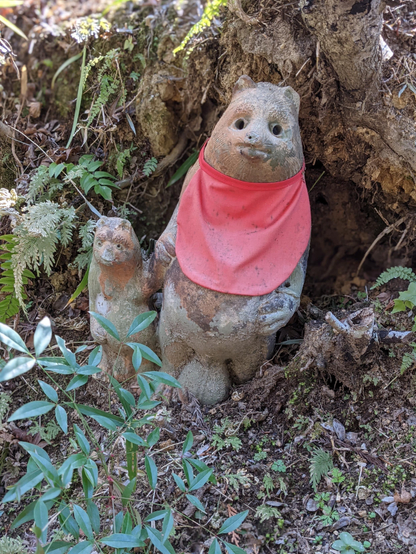 A small statue of a tanuki with his own red bib.