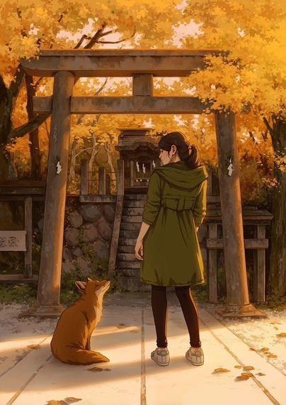 a digital painting of a girl and a fox in front of a torii gate and shrine; autumn colours