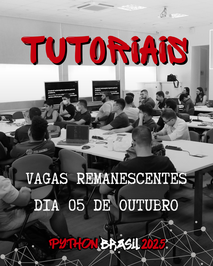 Foto em preto e branco dos tutoriais da Python Brasil 2022 - pessoas sentadas em um laboratório de informática em mesas longas com laptops e grandes monitores nas extremidades com os conteúdos
Tutoriais escrito em vermelho
Vagas remanescentes 05 de outubro
logo da Python Brasil 2025