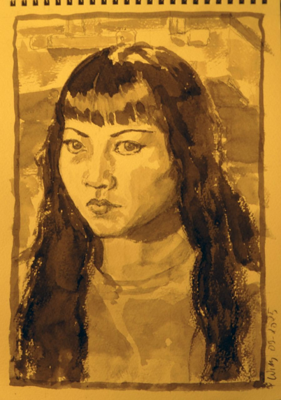 A portrait drawing of a young Chinese woman with long dark hair, somewhat wavy lower down. Her face is turned  slightly to the right but she is looking at the viewer with a watchful expression. She has  large almond-shaped eyes and the narrow arched eyebrows that were fashionable in the 1930s. Her hair covers her forehead down to her eyebrows. She has a long small nose and her small mouth is closed. 
