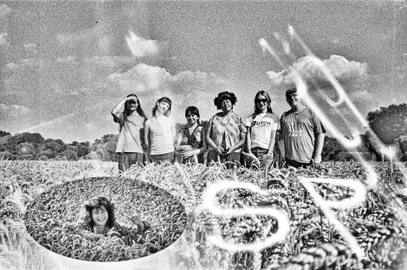 A group of people standing in a field of wheat. One person (the photographer) is montaged into the field. The text says "OSP".