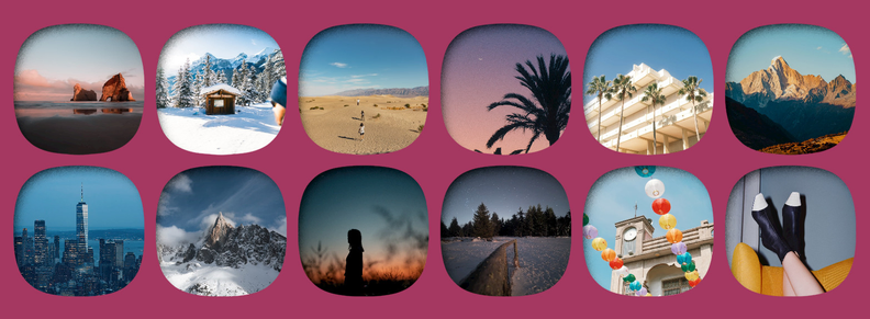 A grid of squircle-shaped images with grainy inner shadows that also have a spread.