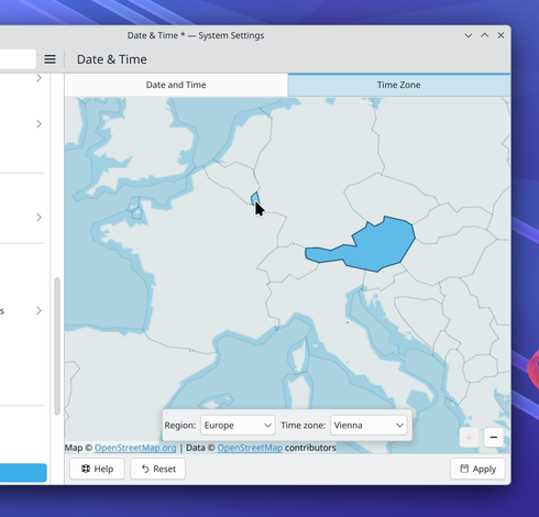 A screenshot of a dialogue showing a map,  allowing the user to select a geographical region for settings.