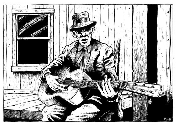 Un bluesman est assis tranquillement devant une maison en bois. Il joue sur sa guitare un vieil air du Delta.

A bluesman sits quietly in front of a wooden house, playing an old Delta tune on his guitar.