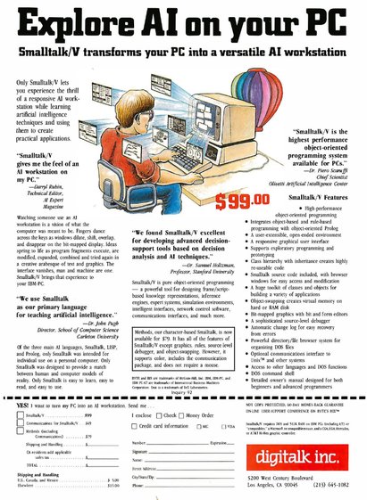 An add in Byte magazine for digitalk's Smalltalk/V titled "Explore AI on your PC" and "Smalltalk/V transforms your PC into a versatile AI workstation".  