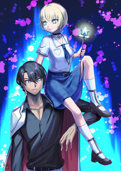 「魔法少女と麻薬戦争」より、「煤井秋良」と「星名凛々」のファンアート。
煤井さんの片方の肩に星名さんが乗っている。