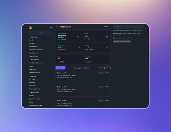 import status dashboard in bonfire, showing details of a migration from another instance