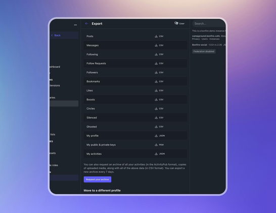 export view in bonfire, it shows the full list of data a user can export from their bonfire instance