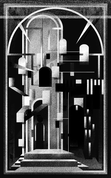An abstract architectural digital drawing in black and white, close to pixel art