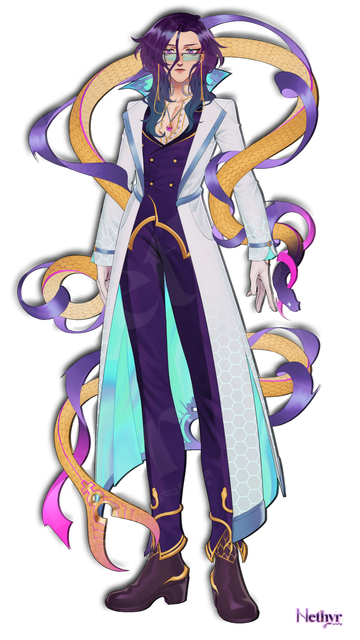 This is Nethyr’s 2D model - a masculine-presenting genderfluid person that wears a white labcoat over a dark purple & gold suit. 

Face: They have magenta eyes, dark purple medium-length hair that turns dark green at the ends, and have a light tan skintone. They wear rectangular glasses with a dark purple frame, gold glasses chains, and blue-tinted glass.

Body: They have three layers to their outfit. The base has dark purple slacks with gold details at the ends - the most notable part is the small gold snakes at the end of the pants. Their boots are also dark brown and matches the corset. As for their top, it’s a white button up with a round collar and gold details - they keep it tucked in with a dark brown corset on top. On the pants, you can see a peek of the belt that has gold details, too. On top of the white top is a dark purple blazer with gold along the collar and matches the pants. On top of the whole outfit is a white labcoat with cyan underneath. 

Notable Features: The biggest feature they have is a gold snake floating around them. It has a sharp split tail with magenta lines all over. The head of the snake turns a dark purple with a glowing cyan eye. The snake also has a light purple scarf floating around them.