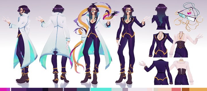 This is the full reference sheet of Nethyr's design. (Full description of the design is on the PNG model image)

On the back of the coat, you can see the alchemic symbol of Mercury at the end. You also get an up close look at what's underneath their suit.

You can also see their hair turns slightly wavy at the end and reaches their mid back.  

One key detail they have is the Philosopher's Stone necklace around their neck - it's a round magenta stone held by gold. 