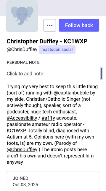 Screenshot of a fake Chris Duffley account that reproduce word-for-word the real person's profile description.

Tacked on to the end are the signs that it is Jimmy Truth again:

 (Parody of @ChrisDuffley The ironic posts here aren't his own and doesn't represent him anyway)

JOINED
Oct 03, 2025