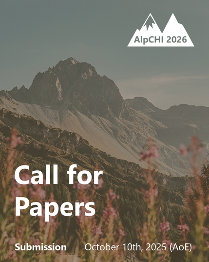 An image of a mountain in the background and "Call For Papers", "Submission October 10th, 2025 (AoE)", and the AlpCHI Logo in the foreground.