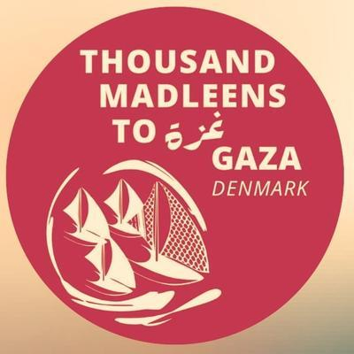 Text in red circle: Thousand Madleens to Gaza Denmark. 

Logo with 4 sailingships