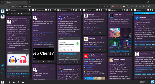 Screenshot of Statuzer multi-column, multi-account, Web client for Mastodon and Bluesky (both Jaycosm Mastodon and Bluesky accounts added to Statuzer, but only the Mastodon account is currently selected and displayed).