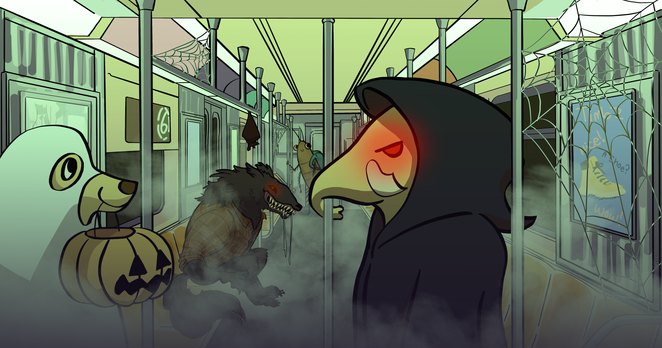 A bunch of spooky creatures in a NYC subway