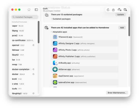 Screenshot of Cork with the new "Adoptable apps" feature