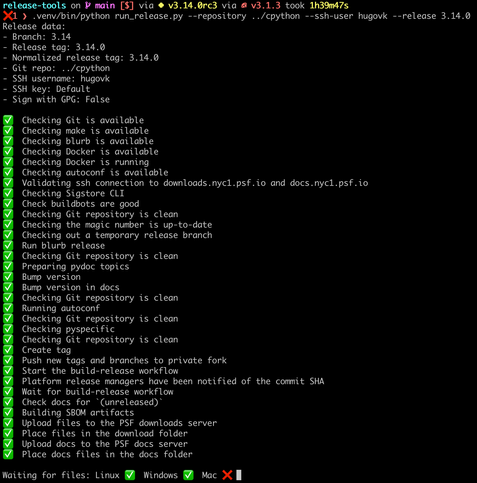 Terminal prompt showing the output of run_release.py with lots of checked tasks and ending with:
Waiting for files: Linux ✅  Windows ✅  Mac ❌