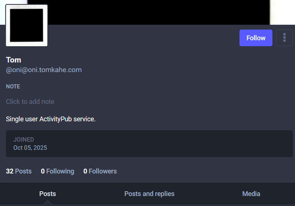 Screenshot of the profile page for @oni@oni.tomkahe.com from the activitypub.academy server
