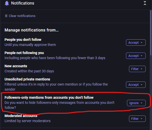 A mocked up screenshot of the notification settings page. Among the default options (see full list below) I added:

Followers-only mentions from accounts you don't follow
Do you want to hide followers-only messages from accounts you don't follow?

The default notification settings categories are:

- People you don't follow
- People not following you
- New accounts
- Unsolicited private mentions
- Moderated accounts
