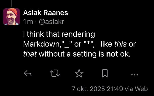 Screenshot of the new Mastodon iOS client rendering Markdown emphasis as rich text