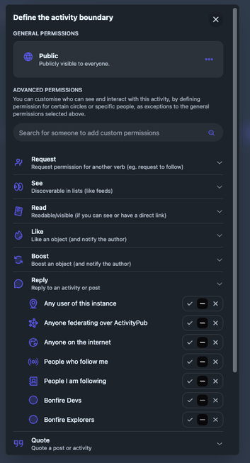 The image shows a user interface for defining activity boundaries and general permissions. It includes options for setting visibility to public, managing advanced permissions such as request and reply settings, and features like boosting and following specific users or groups.